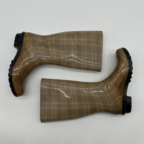 UGG Shaye Tan Clear Plaid Waterproof Rubber Tall Rain Boots - Women's Size 7 - Picture 8 of 11